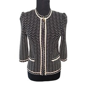 St John Collection Knit Jacket Black White Zigzag Trim Zipper Gold Accent Size 2